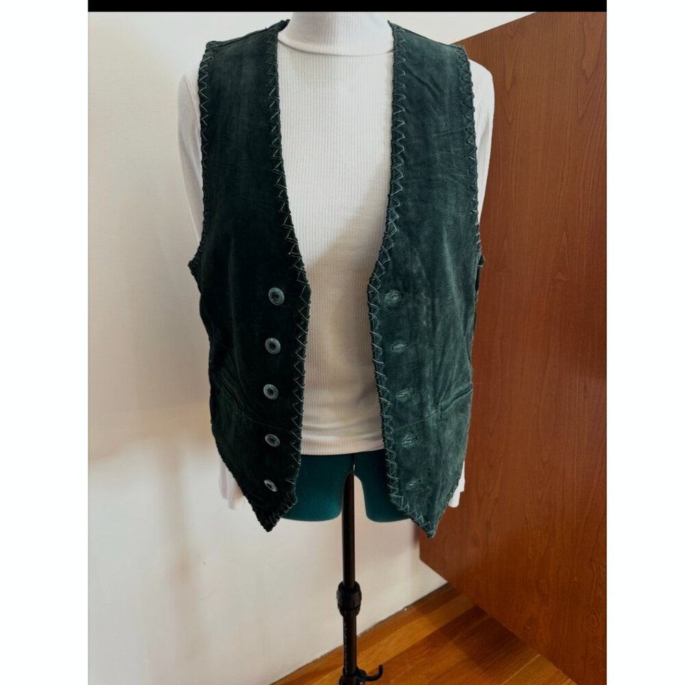Green Genuine Suede-Leather Vintage Whip-Stitch Vest boho 80s biker unisex M - Picture 15 of 15